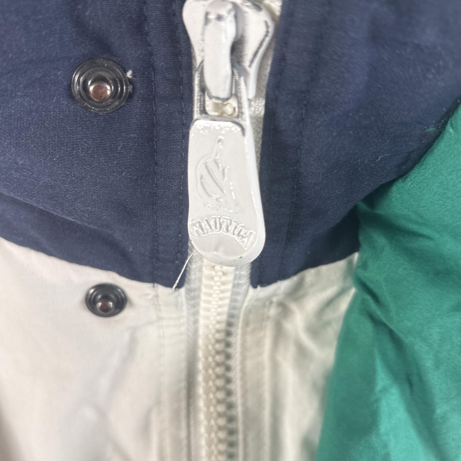 古着 90s/90年代 ジャケット ブルゾン ビッグ刺繍ロゴ フルジップ 収納フード M ホワイト マルチカラー メンズ