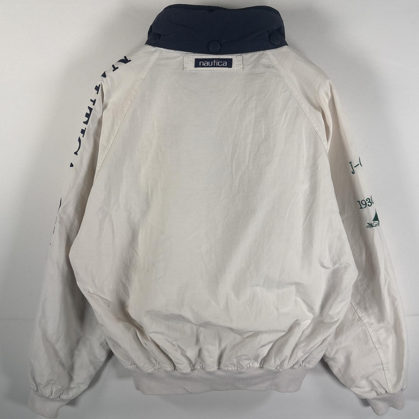 古着 90s/90年代 ジャケット ブルゾン ビッグ刺繍ロゴ フルジップ 収納フード M ホワイト マルチカラー メンズ