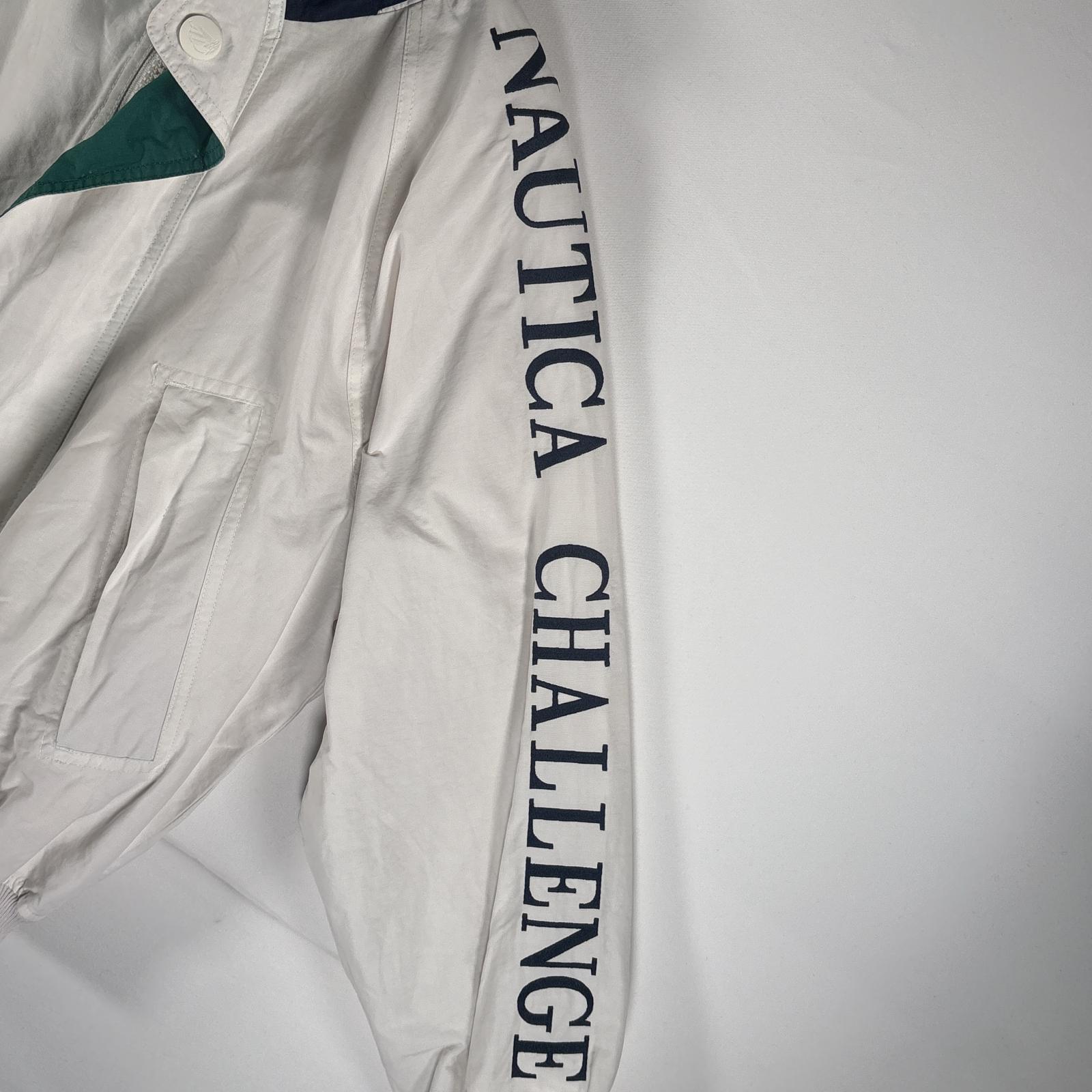 古着 90s/90年代 ジャケット ブルゾン ビッグ刺繍ロゴ フルジップ 収納フード M ホワイト マルチカラー メンズ