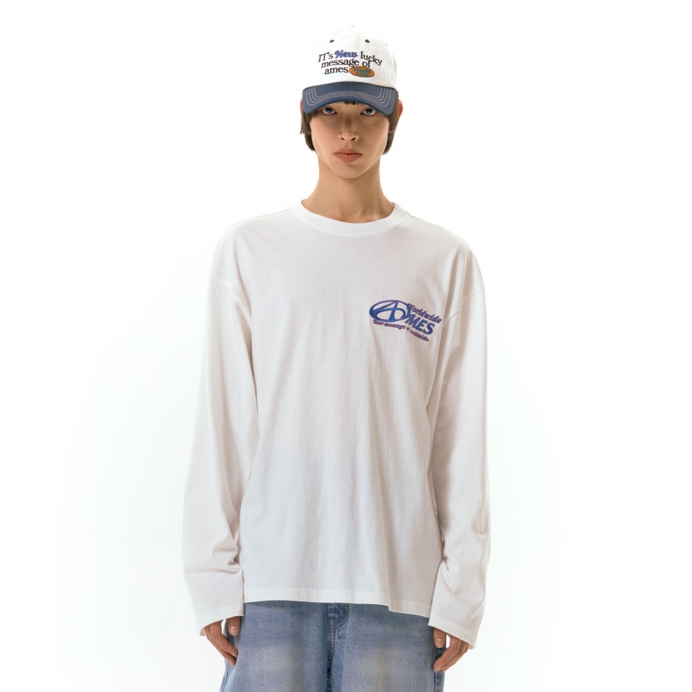 AMES-WORLDWIDE シンボルロゴ刺繍 LS T シャツ ホワイト
