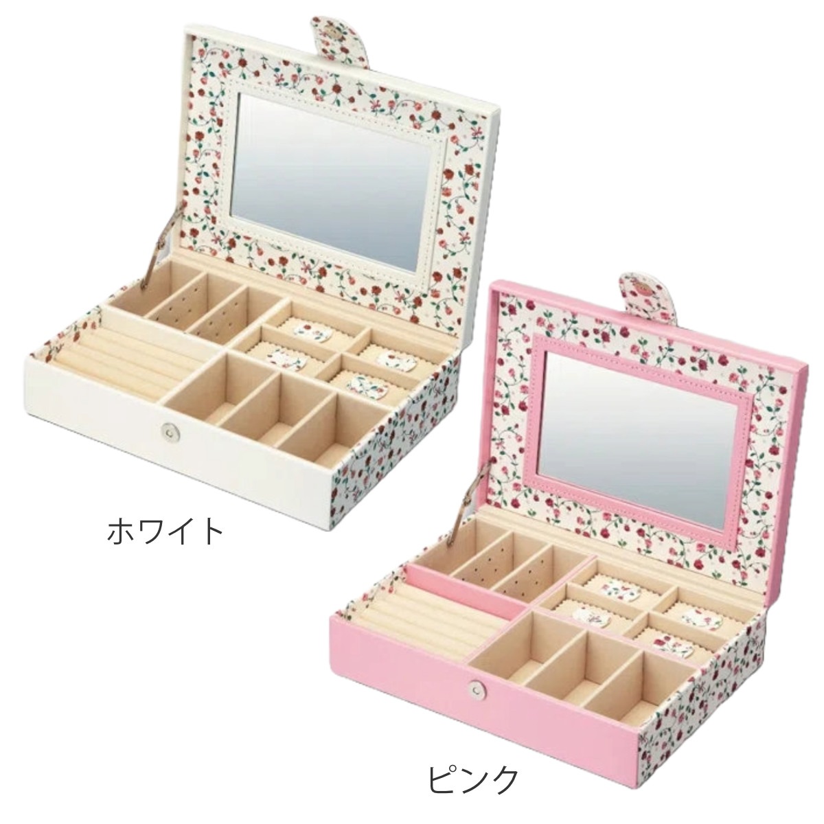 アクセサリーケース フラワー ジュエリーボックス Lサイズ 幅25x奥行18x高さ7cm レザー調 収納 アクセサリートレー ミラー付き ボックス 小物入れ 宝石箱 ネックレス リング ピアス