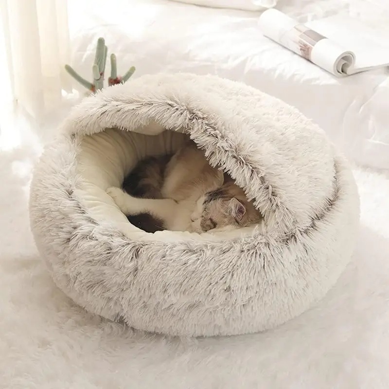 ペットマットレスペット用ソフトぬいぐるみラウンド猫ベッド暖かい快適なバスケット猫犬2 1寝袋の巣小型犬用 Brown 40x40cm