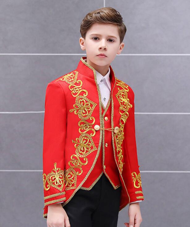 子供演出服 刺繍ハロウイン 欧米王子様服 ジャケット＋ベスト＋パンツ3点セット 子供演出服 貴族服装ステージ衣装 ダンス衣装 舞台衣装 男の子 スーツ 男児 子供服 ピアノ 発表会 卒業式 演出服　演