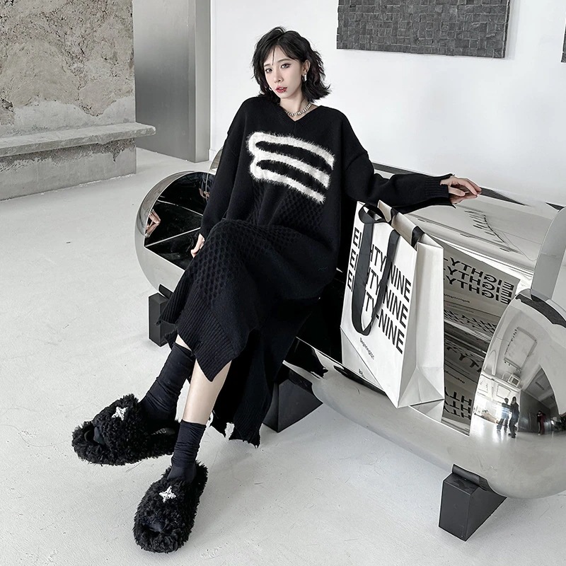 す ニット ワンピース ロングワンピ 大きいサイズ 厚手 レディース ニットワンピース ロング プルオーバー 体型カバー マキシワンピース リブニット ミモレ丈 チュニック タイト