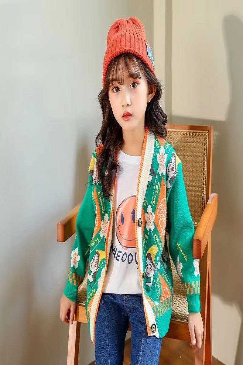 ガールズセーター秋冬ニットセーターカーディガン2024新しいファッショナブルな子供と中学生の女の子ジャケットトップス