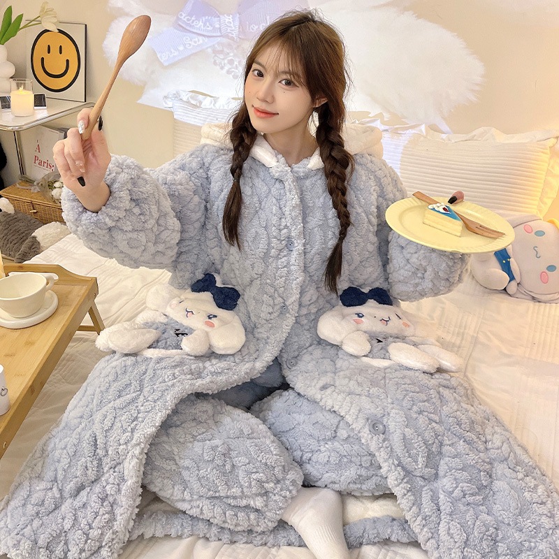 冬の3層綿パジャマ女性厚手サンゴ絨毯かわいい玉桂犬長連帽スリーパールームウェアセット