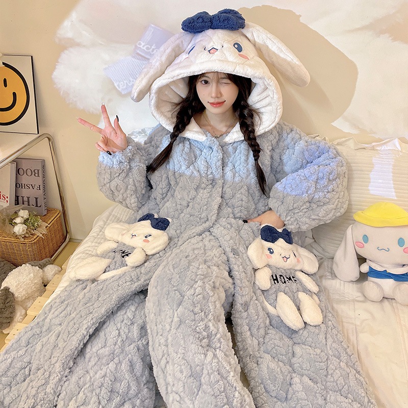 冬の3層綿パジャマ女性厚手サンゴ絨毯かわいい玉桂犬長連帽スリーパールームウェアセット