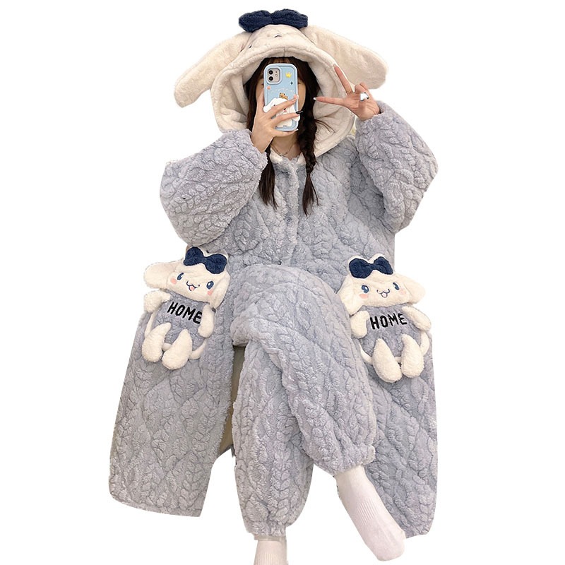 冬の3層綿パジャマ女性厚手サンゴ絨毯かわいい玉桂犬長連帽スリーパールームウェアセット