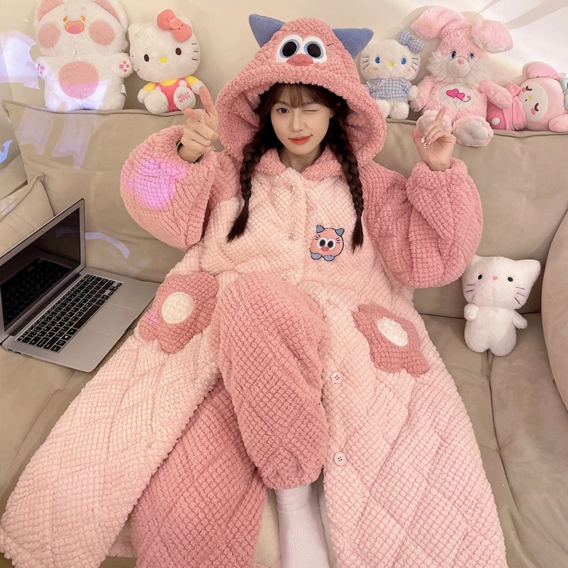 冬の3層綿パジャマ女性厚手サンゴ絨毯かわいい玉桂犬長連帽スリーパールームウェアセット