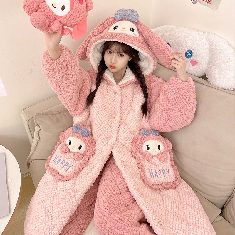 冬の3層綿パジャマ女性厚手サンゴ絨毯かわいい玉桂犬長連帽スリーパールームウェアセット
