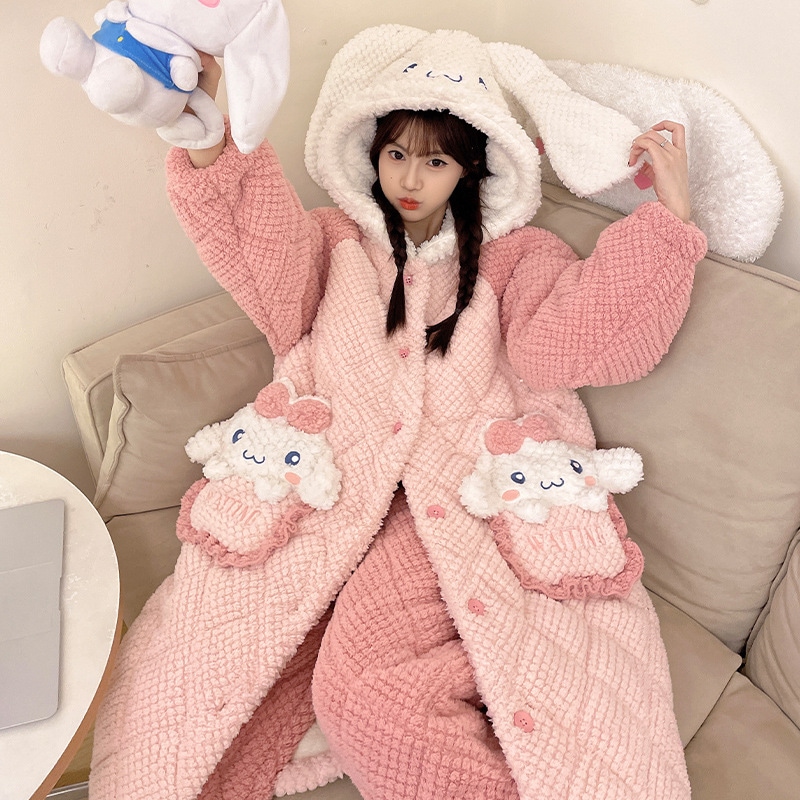 冬の3層綿パジャマ女性厚手サンゴ絨毯かわいい玉桂犬長連帽スリーパールームウェアセット