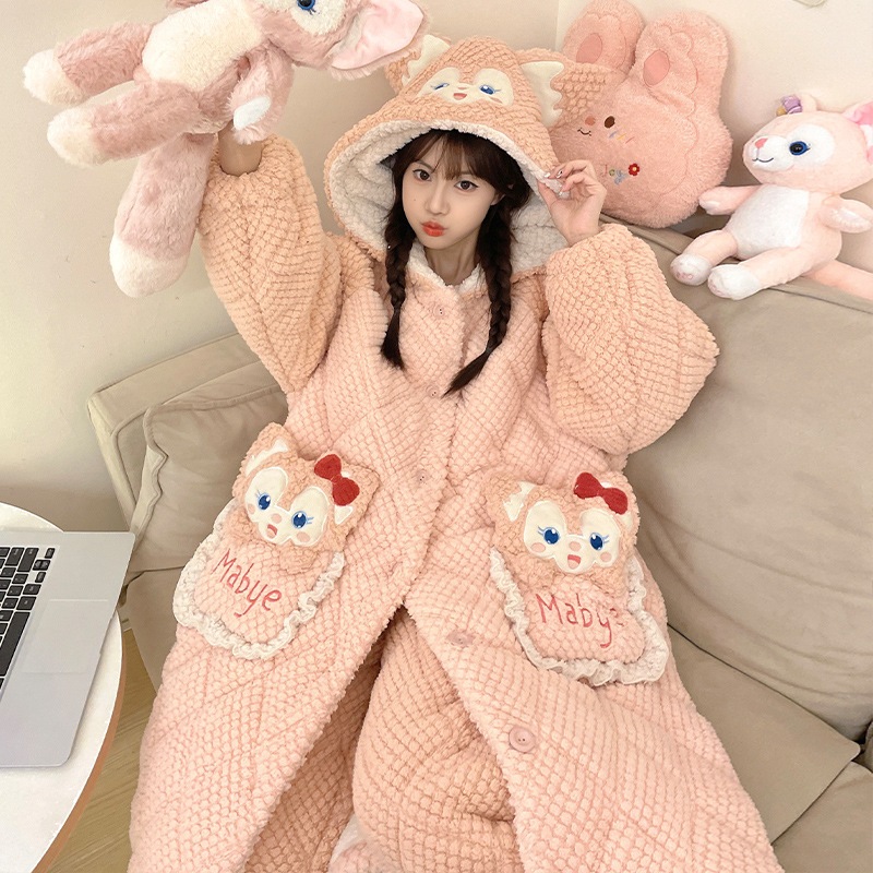 冬の3層綿パジャマ女性厚手サンゴ絨毯かわいい玉桂犬長連帽スリーパールームウェアセット