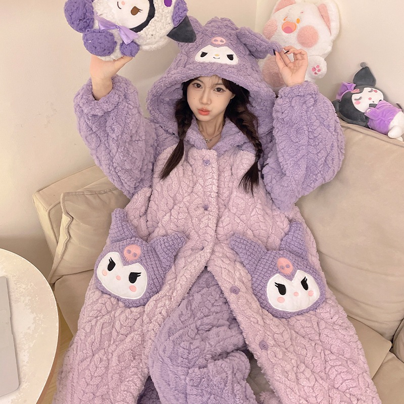 冬の3層綿パジャマ女性厚手サンゴ絨毯かわいい玉桂犬長連帽スリーパールームウェアセット