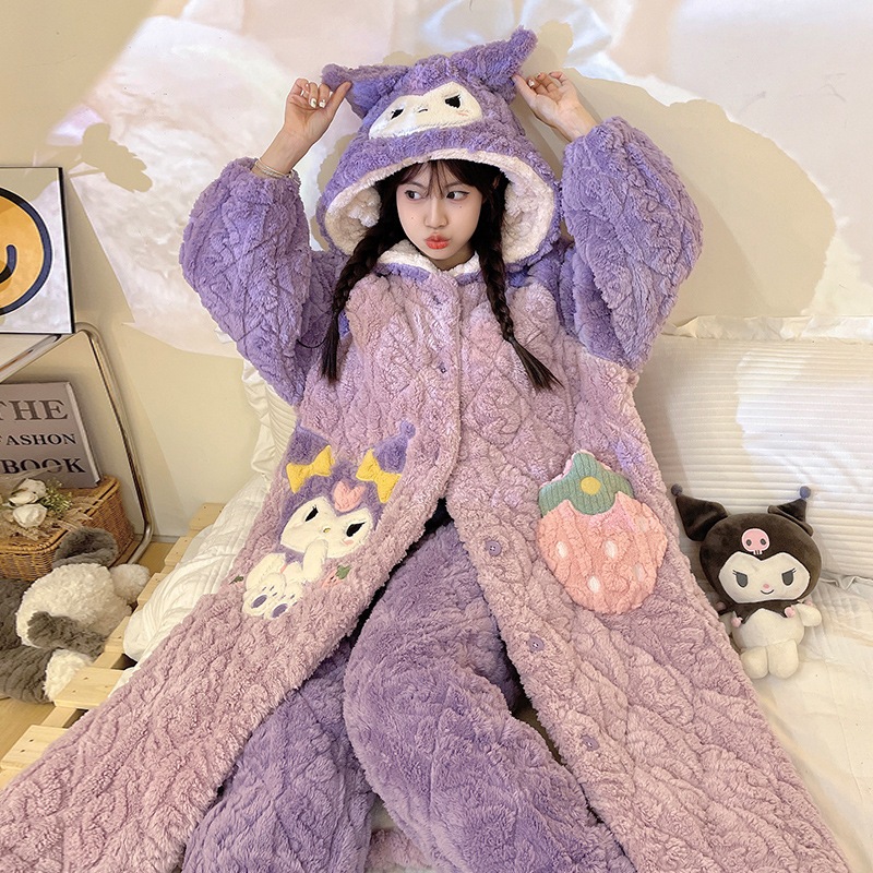 冬の3層綿パジャマ女性厚手サンゴ絨毯かわいい玉桂犬長連帽スリーパールームウェアセット