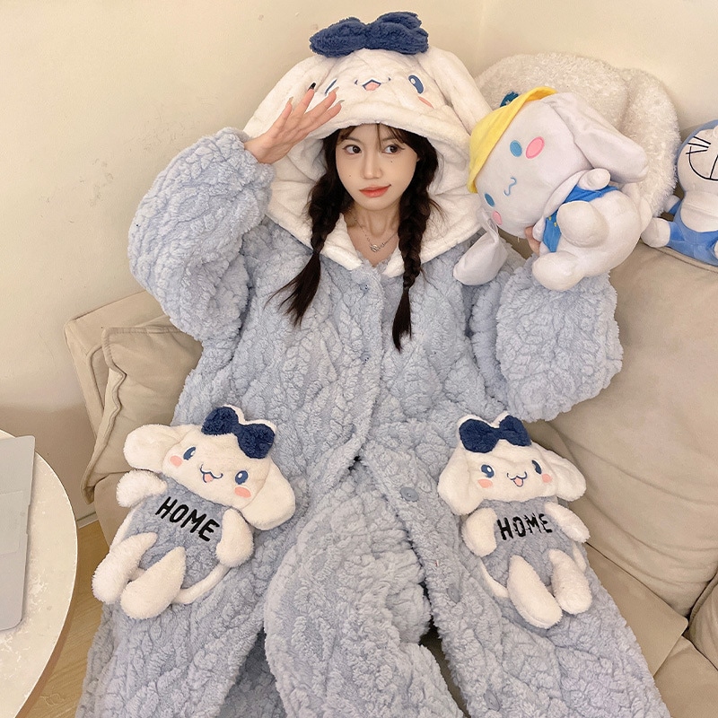 冬の3層綿パジャマ女性厚手サンゴ絨毯かわいい玉桂犬長連帽スリーパールームウェアセット