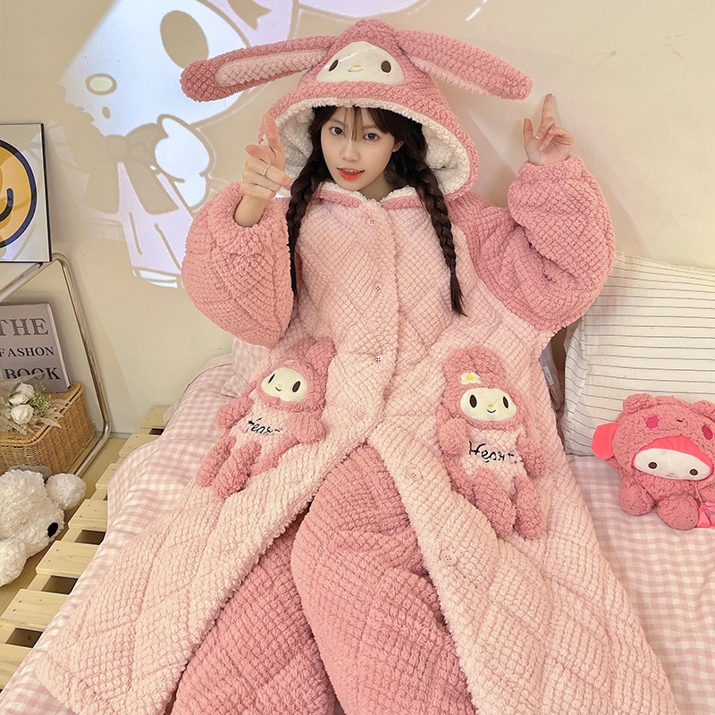 冬の3層綿パジャマ女性厚手サンゴ絨毯かわいい玉桂犬長連帽スリーパールームウェアセット