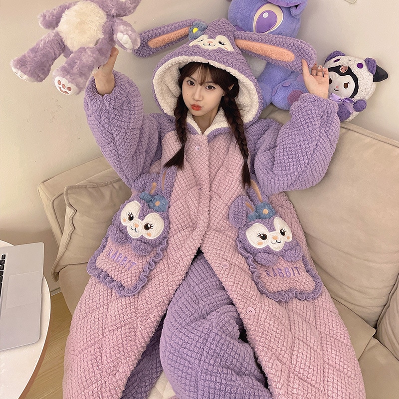 冬の3層綿パジャマ女性厚手サンゴ絨毯かわいい玉桂犬長連帽スリーパールームウェアセット