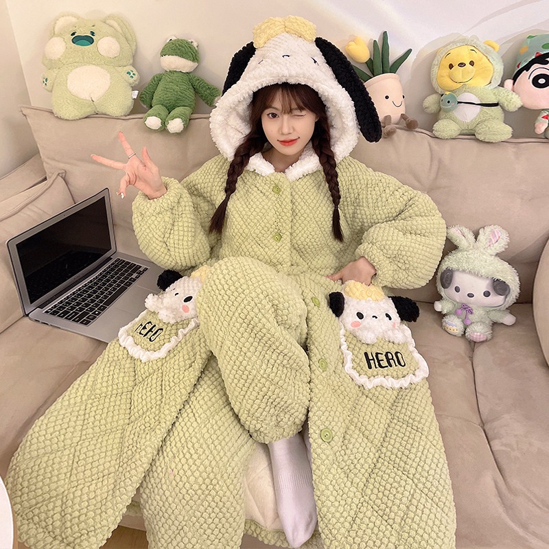 冬の3層綿パジャマ女性厚手サンゴ絨毯かわいい玉桂犬長連帽スリーパールームウェアセット