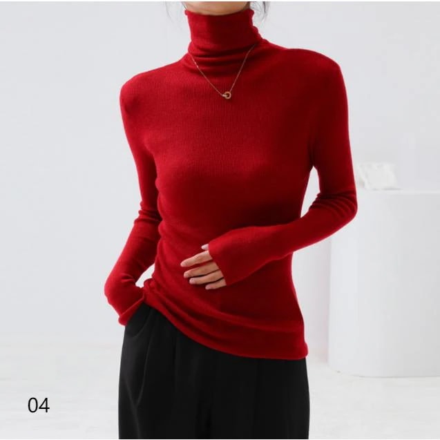 ハイネック ニット 長袖 レディース 薄手 秋 冬 カットソー タートル リブニット タートルネック 赤 黒 白 ピンクレッド女の子
