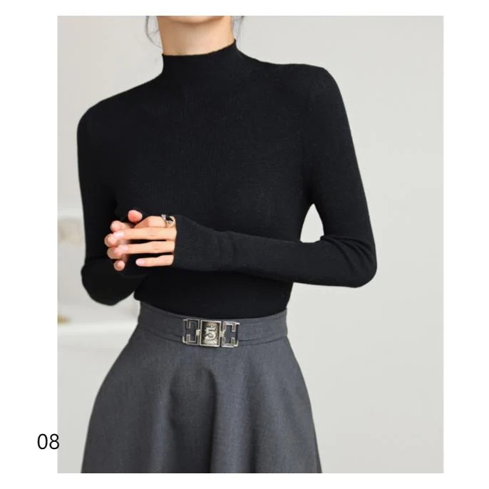 ハイネック ニット 長袖 レディース 薄手 秋 冬 カットソー タートル リブニット タートルネック 赤 黒 白 ピンクレッド女の子