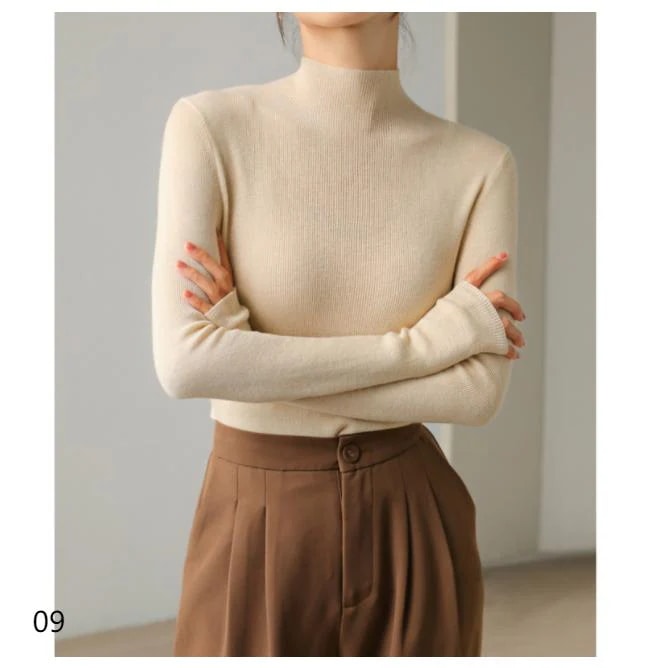 ハイネック ニット 長袖 レディース 薄手 秋 冬 カットソー タートル リブニット タートルネック 赤 黒 白 ピンクレッド女の子