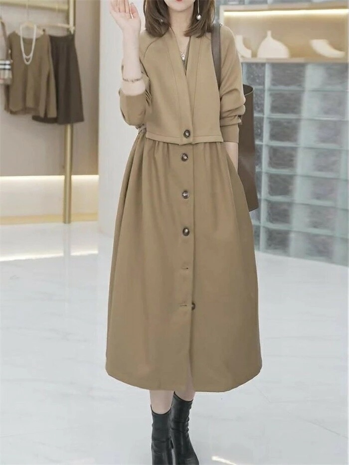 【短納期】 ワンピース 秋 切り替えワンピース レディース 前開き 長袖 ロングワンピース ゆったり ロング 膝下丈 ドレス 大人 きれいめ 体型カバー vネック 切り替え カジュアル 着痩せ お洒落