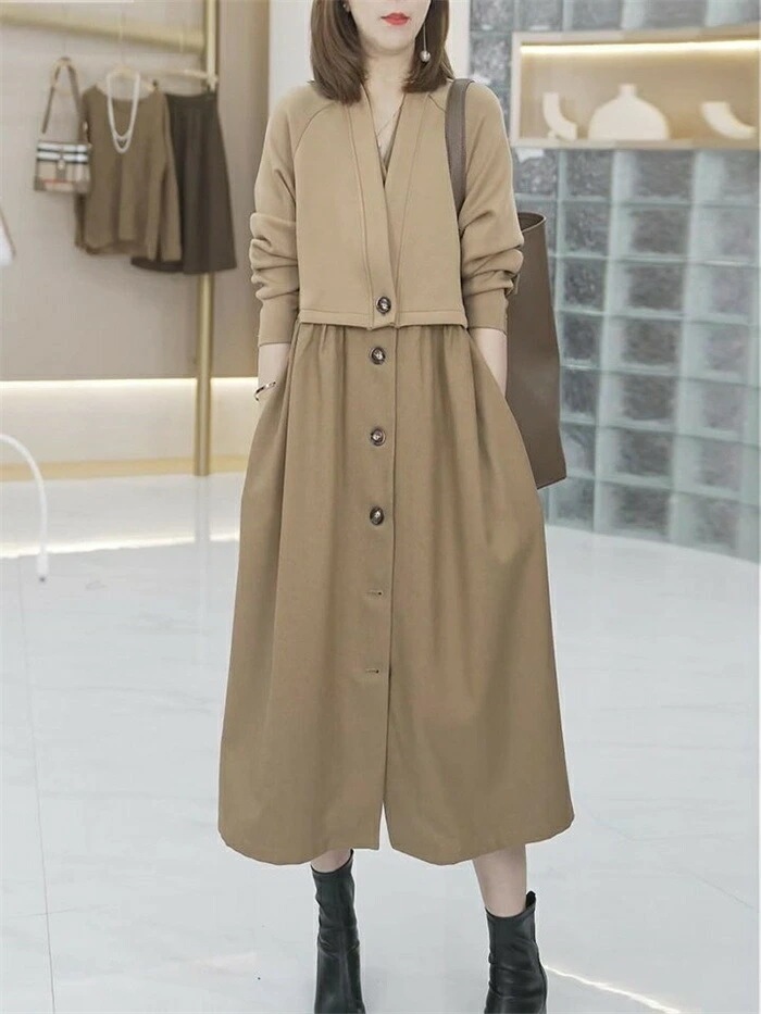 【短納期】 ワンピース 秋 切り替えワンピース レディース 前開き 長袖 ロングワンピース ゆったり ロング 膝下丈 ドレス 大人 きれいめ 体型カバー vネック 切り替え カジュアル 着痩せ お洒落