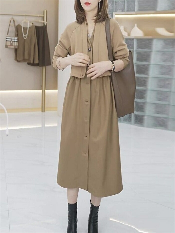 【短納期】 ワンピース 秋 切り替えワンピース レディース 前開き 長袖 ロングワンピース ゆったり ロング 膝下丈 ドレス 大人 きれいめ 体型カバー vネック 切り替え カジュアル 着痩せ お洒落