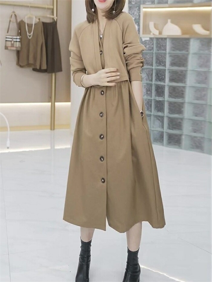 【短納期】 ワンピース 秋 切り替えワンピース レディース 前開き 長袖 ロングワンピース ゆったり ロング 膝下丈 ドレス 大人 きれいめ 体型カバー vネック 切り替え カジュアル 着痩せ お洒落