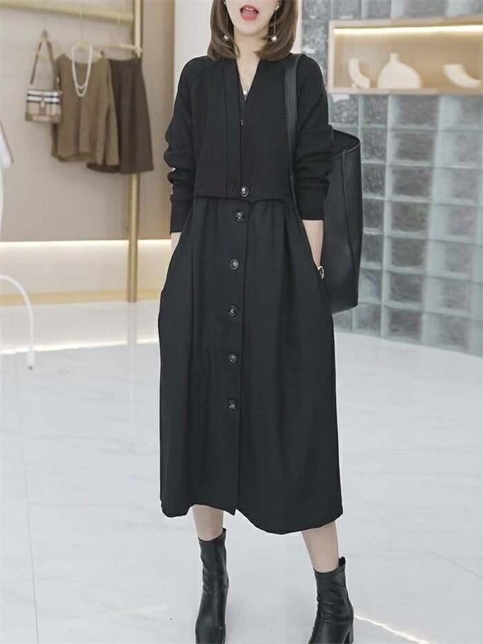 【短納期】 ワンピース 秋 切り替えワンピース レディース 前開き 長袖 ロングワンピース ゆったり ロング 膝下丈 ドレス 大人 きれいめ 体型カバー vネック 切り替え カジュアル 着痩せ お洒落