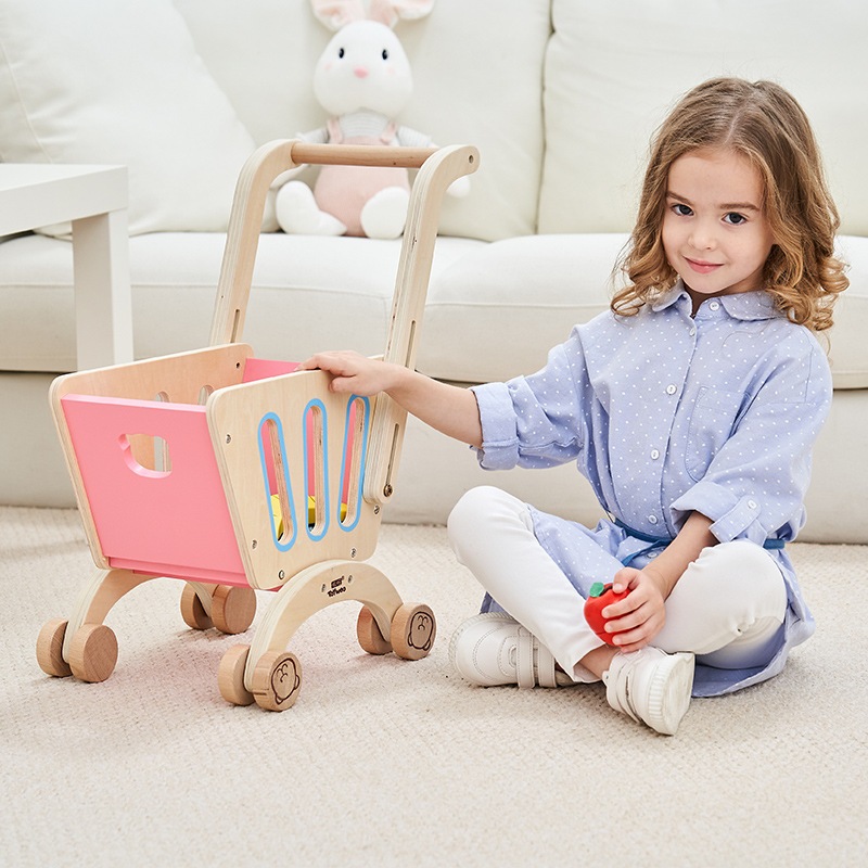 木製の子供のシミュレーションショッピングカートのおもちゃの女の子のスーパーマーケットのトロリーミニままごとのおもちゃセット