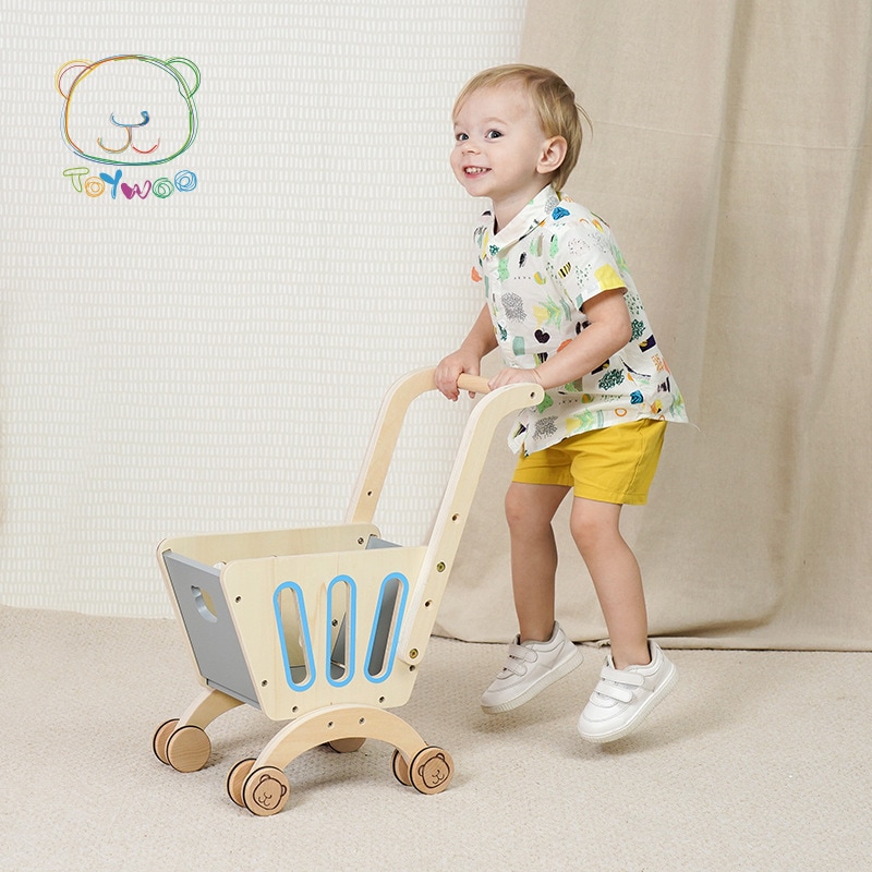 木製の子供のシミュレーションショッピングカートのおもちゃの女の子のスーパーマーケットのトロリーミニままごとのおもちゃセット