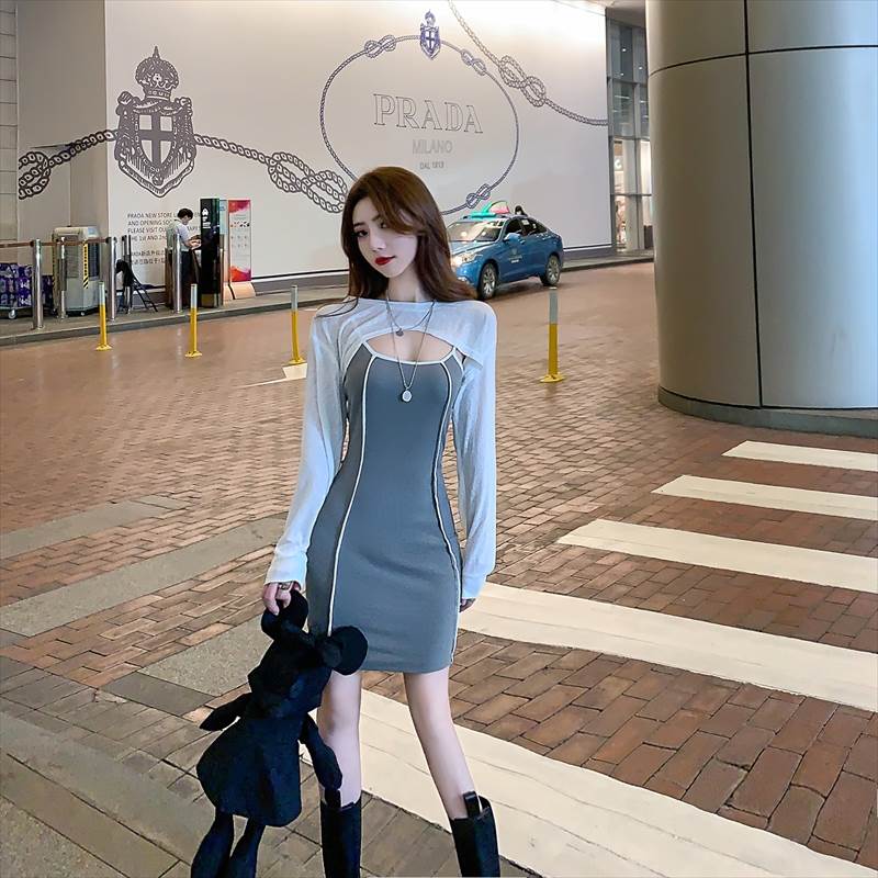 ワンピース ミニ ドレス レディース カジュアル グレー 大人可愛い キャバドレス ボディコン タイト 着やせ ショート丈 膝上 長袖 ラウンドネック スリム 細身 ハイウエスト 大人可愛い きれいめ