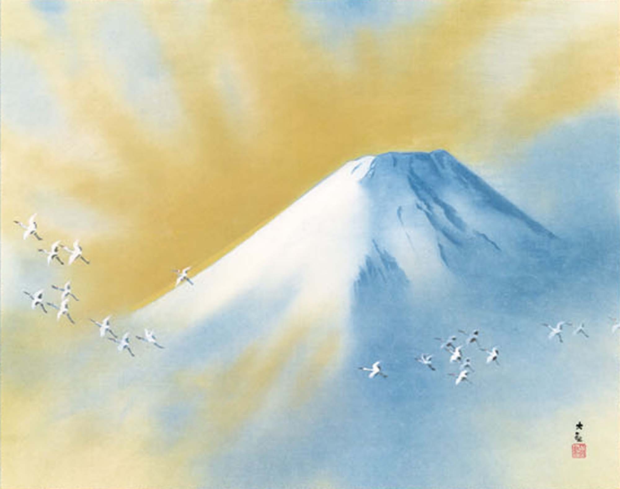大観 富士山と鶴 掛軸