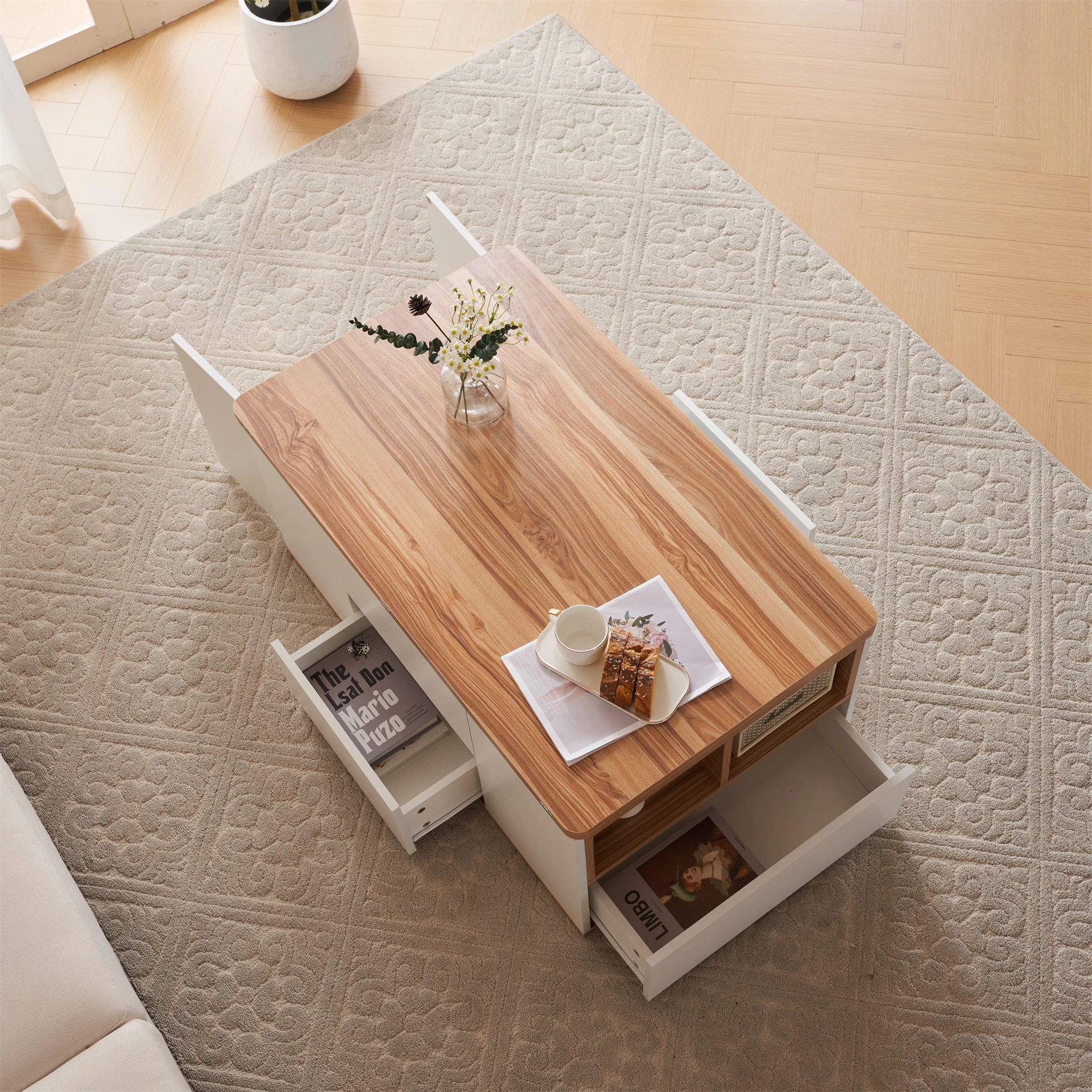 [国内発送]465テーブル センターテーブル 昇降式テーブル 高さ調節可能 幅100 折りたたみ 天板昇降 引出し 多機能 ダイニングテーブル【ホワイト】