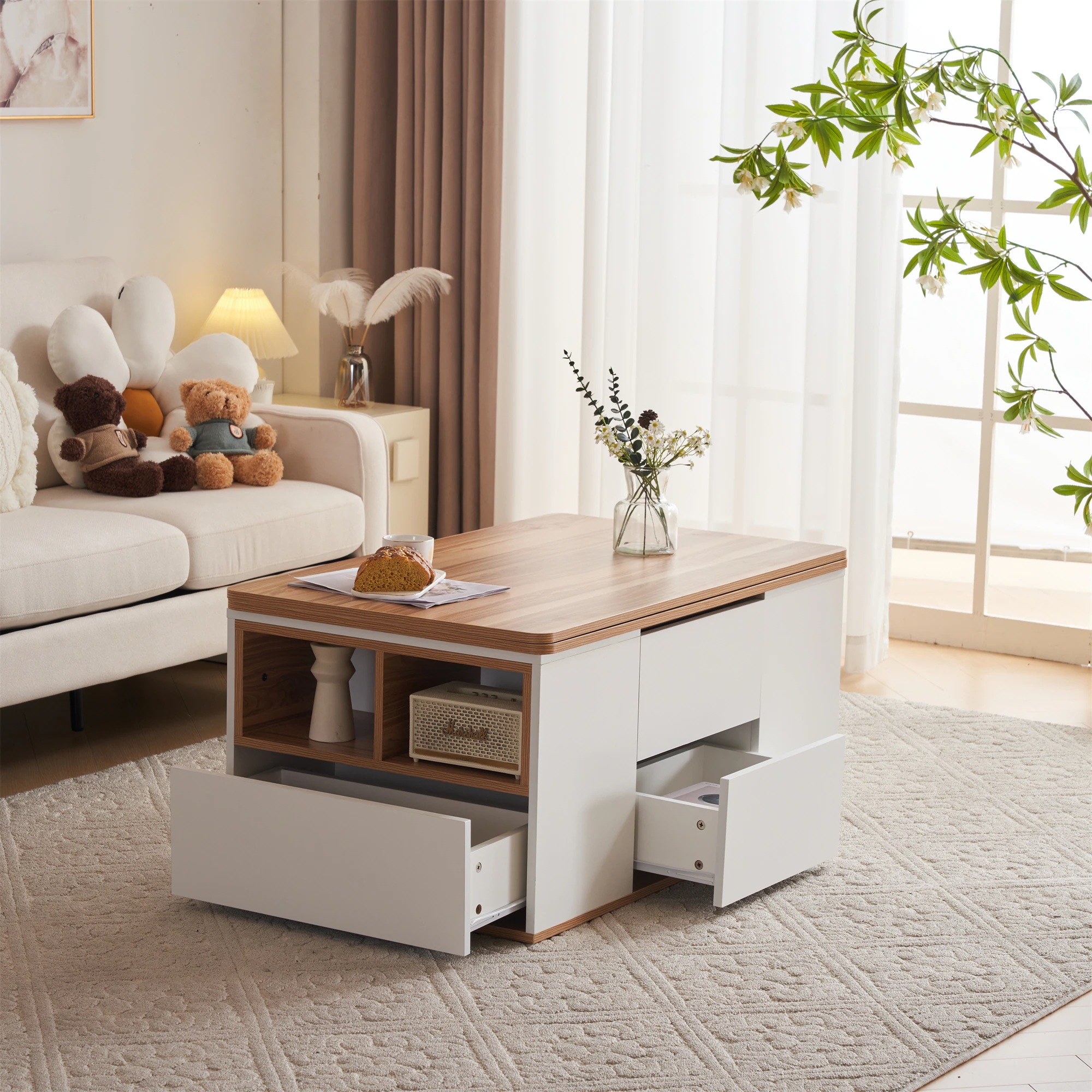 [国内発送]465テーブル センターテーブル 昇降式テーブル 高さ調節可能 幅100 折りたたみ 天板昇降 引出し 多機能 ダイニングテーブル【ホワイト】