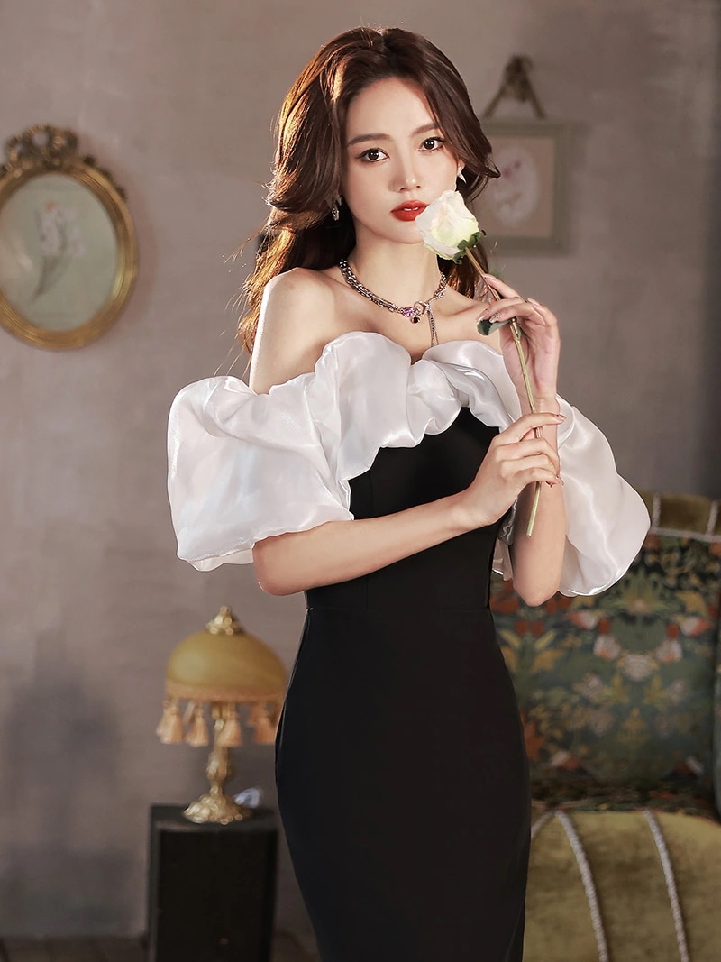 バブルスリーブドレス 軽い豪華な高い宴会のドレ 気質フレンチワンショルダーリトルブラックドレス パーティードレス ウェディングドレス 結婚式ドレス