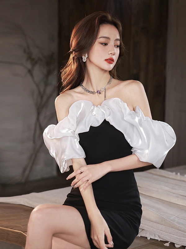 バブルスリーブドレス 軽い豪華な高い宴会のドレ 気質フレンチワンショルダーリトルブラックドレス パーティードレス ウェディングドレス 結婚式ドレス