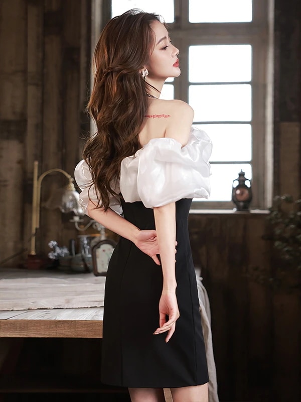 バブルスリーブドレス 軽い豪華な高い宴会のドレ 気質フレンチワンショルダーリトルブラックドレス パーティードレス ウェディングドレス 結婚式ドレス