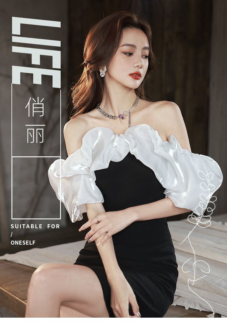 バブルスリーブドレス 軽い豪華な高い宴会のドレ 気質フレンチワンショルダーリトルブラックドレス パーティードレス ウェディングドレス 結婚式ドレス