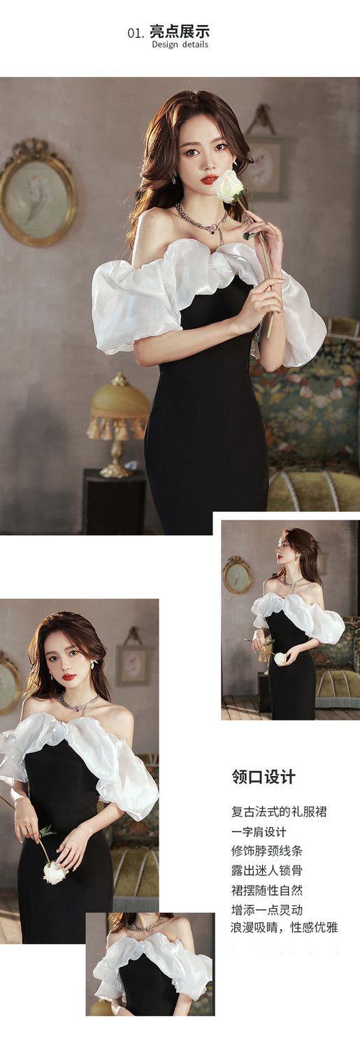 バブルスリーブドレス 軽い豪華な高い宴会のドレ 気質フレンチワンショルダーリトルブラックドレス パーティードレス ウェディングドレス 結婚式ドレス