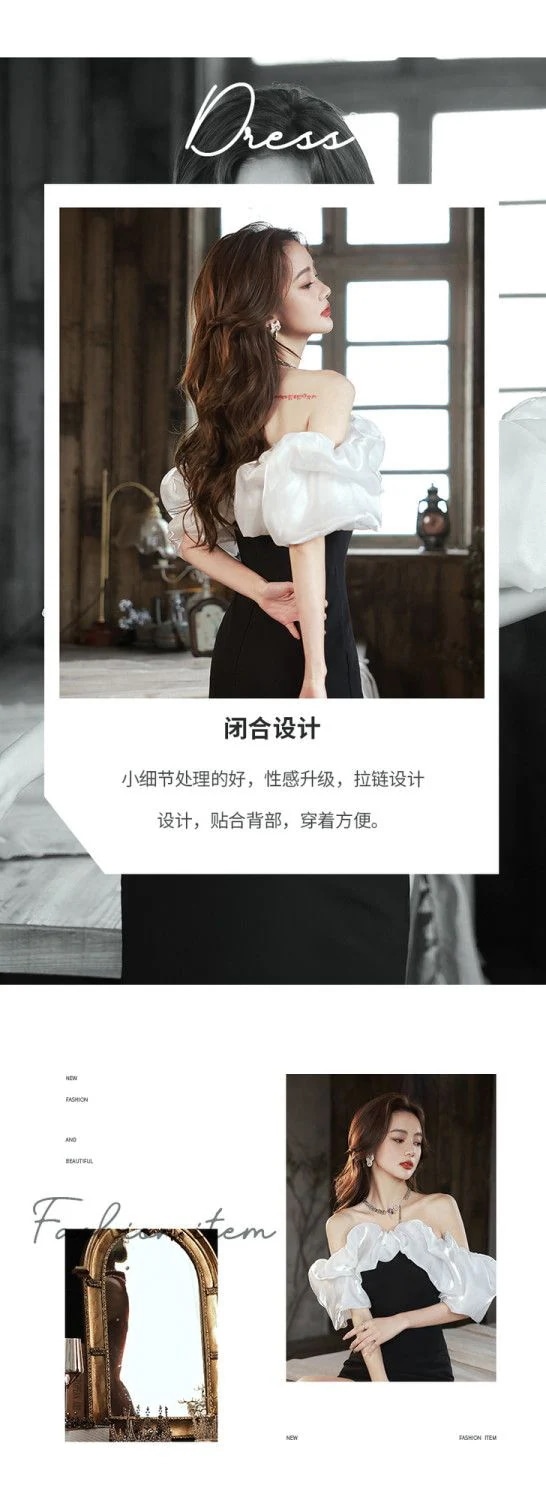 バブルスリーブドレス 軽い豪華な高い宴会のドレ 気質フレンチワンショルダーリトルブラックドレス パーティードレス ウェディングドレス 結婚式ドレス