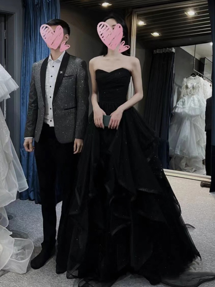 ブラックイブニングドレス 2024年森風成人式 誕生日美術試験司会 卒業公演衣装