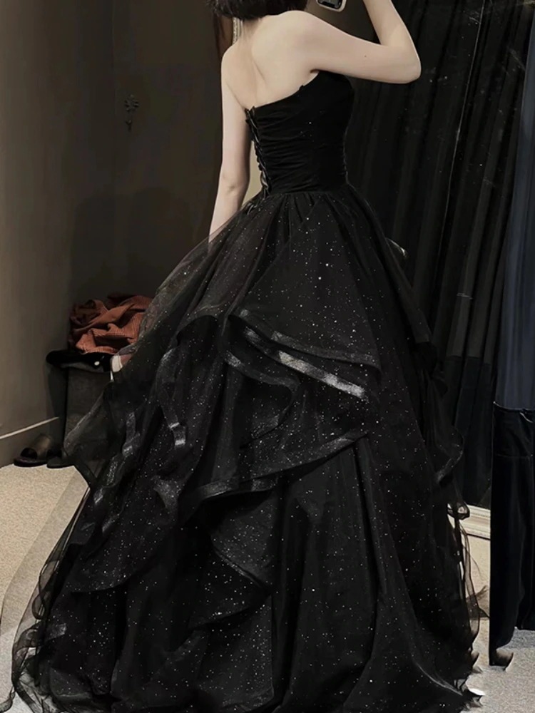 ブラックイブニングドレス 2024年森風成人式 誕生日美術試験司会 卒業公演衣装