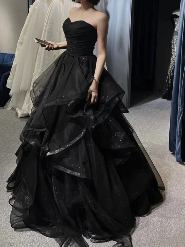 ブラックイブニングドレス 2024年森風成人式 誕生日美術試験司会 卒業公演衣装