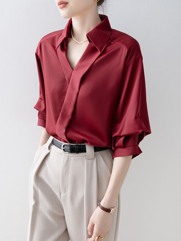 Qoo10] シャツレディース2025高級感ワインレッ