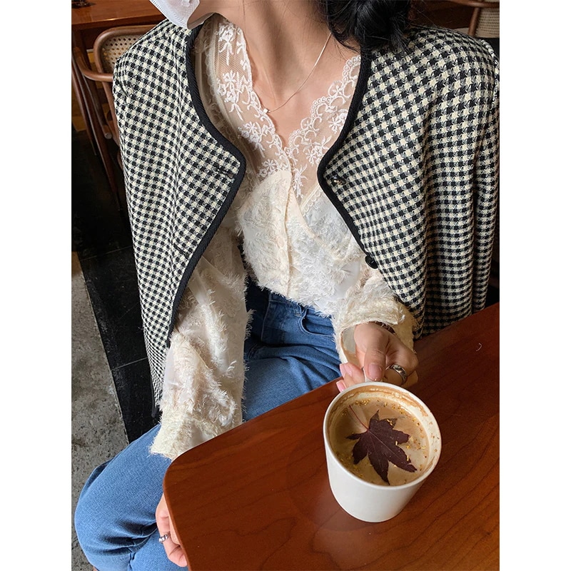 【超お得1つ買うと10個もらえる】急速出荷春先の千鳥格子の薄いコート女性のレトロな気質小さな香りルーズラウンドネックショートコートトップ小さな