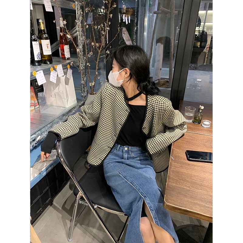 【超お得1つ買うと10個もらえる】急速出荷春先の千鳥格子の薄いコート女性のレトロな気質小さな香りルーズラウンドネックショートコートトップ小さな