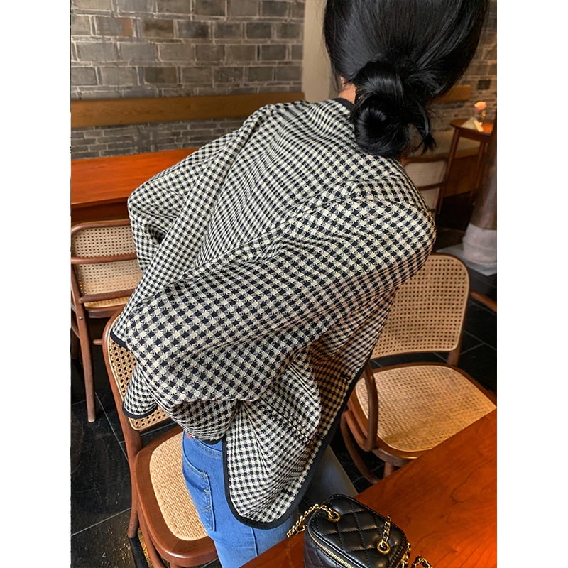 【超お得1つ買うと10個もらえる】急速出荷春先の千鳥格子の薄いコート女性のレトロな気質小さな香りルーズラウンドネックショートコートトップ小さな