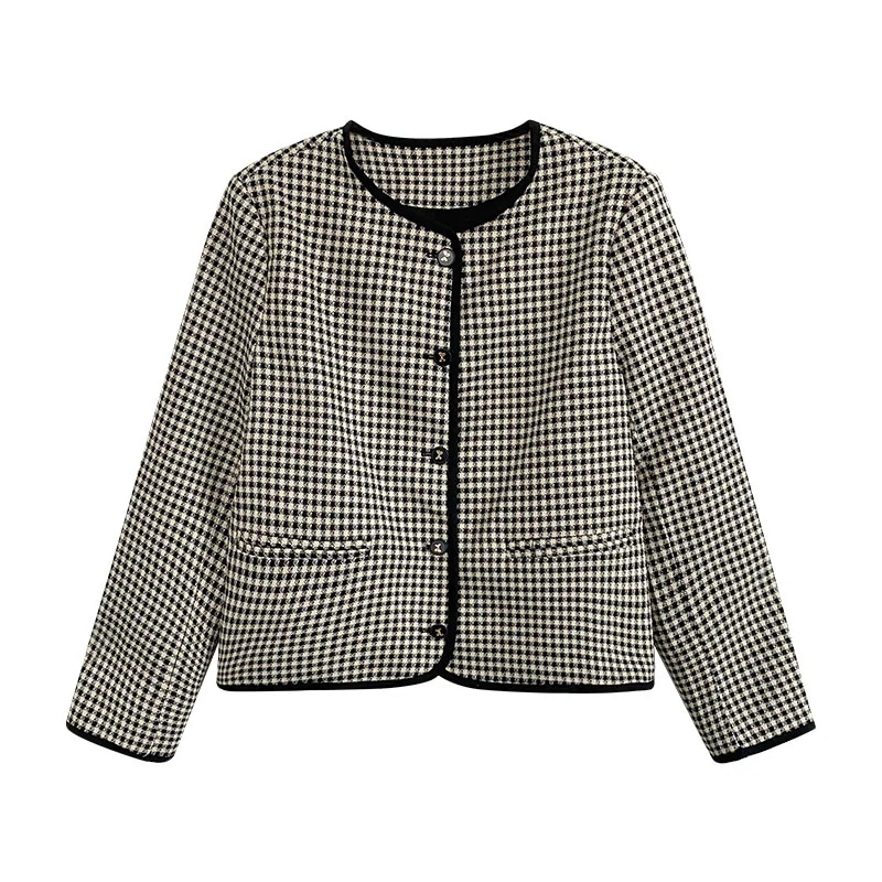 【超お得1つ買うと10個もらえる】急速出荷春先の千鳥格子の薄いコート女性のレトロな気質小さな香りルーズラウンドネックショートコートトップ小さな